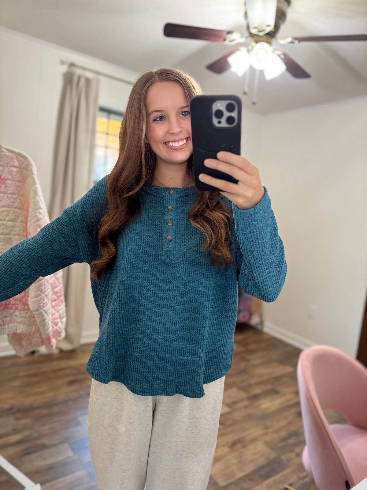 Final Sale Waffle Knit Henley Top (2 Colors Available)