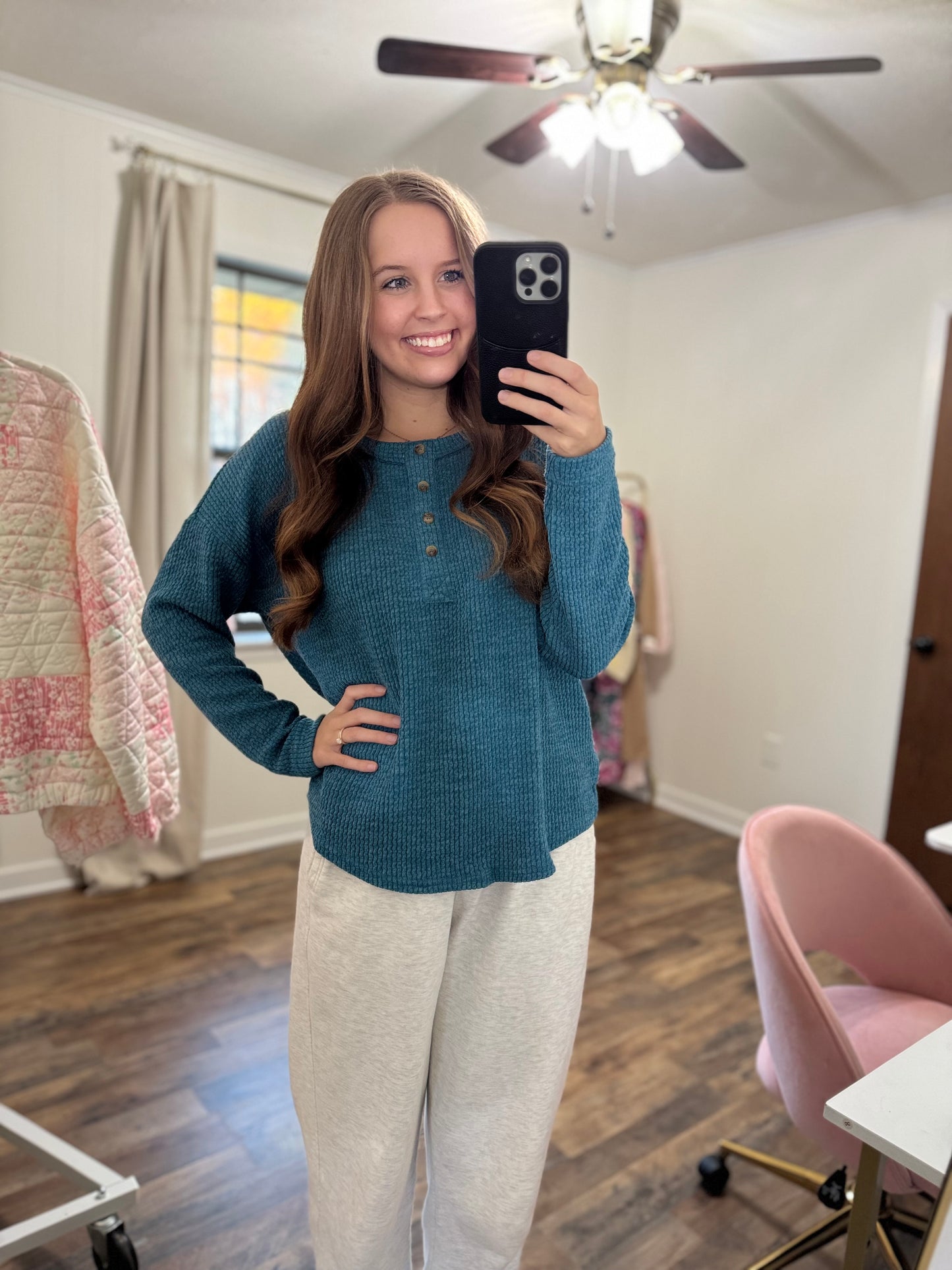 Waffle Knit Henley Top (2 Colors Available)
