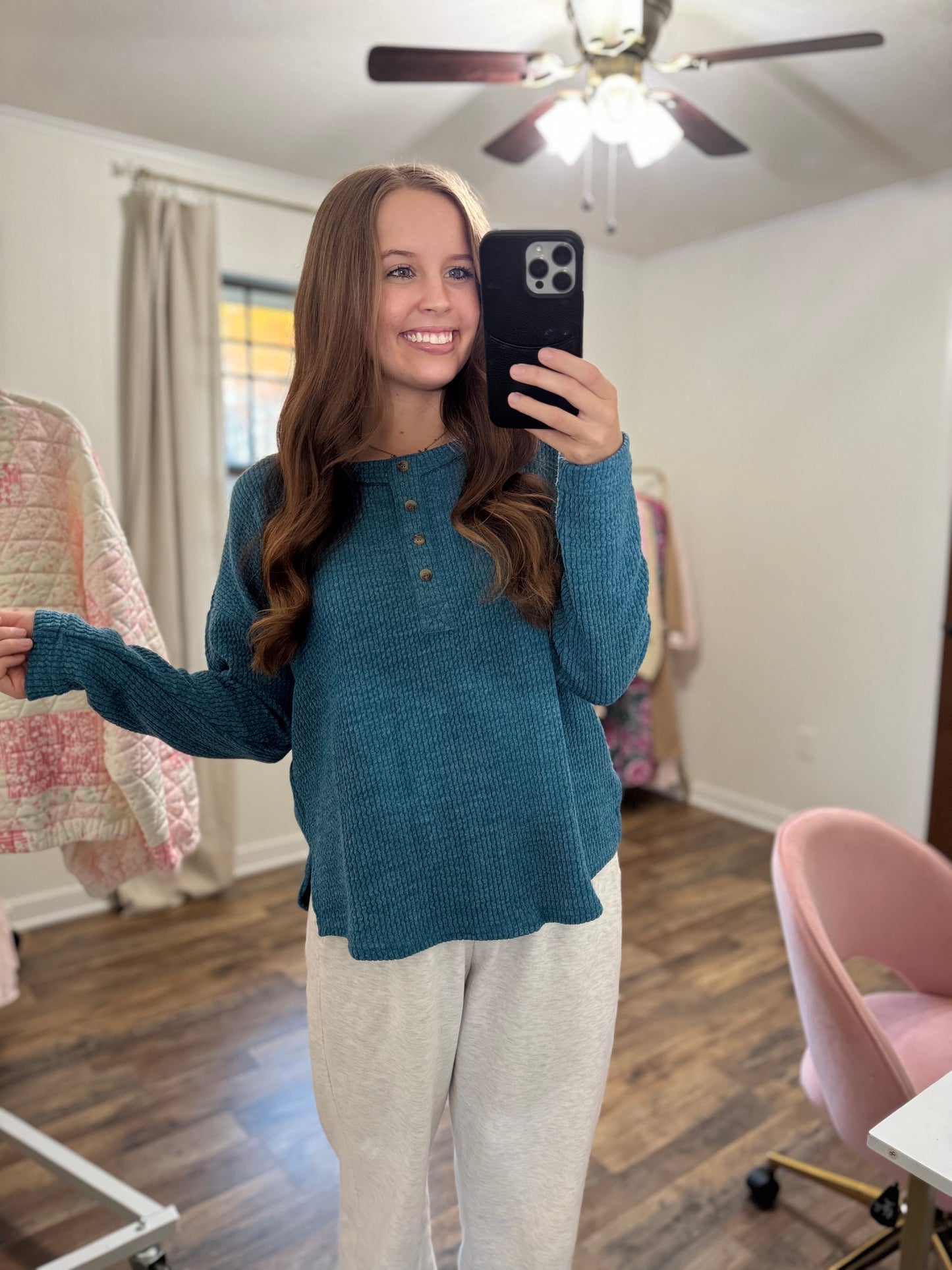 Waffle Knit Henley Top (2 Colors Available)